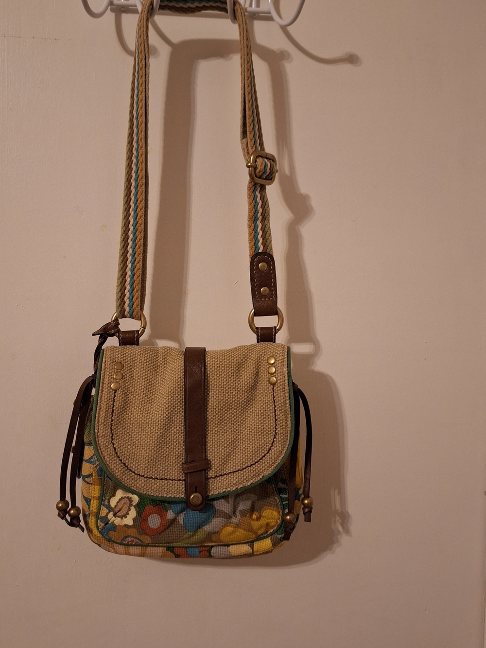 Fossil Beige Canvas Crossbody with Floral Trim and Brown Accents